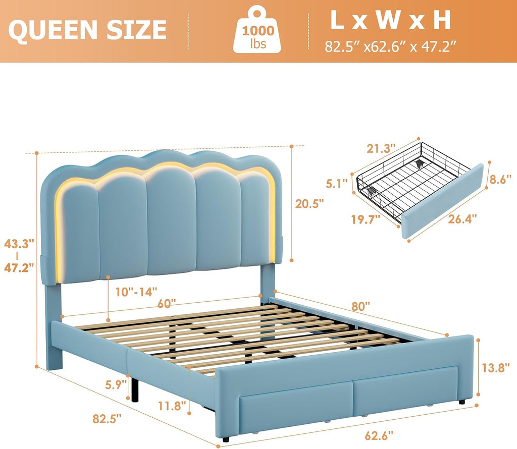 Velvet Upholstered Queen LED Bed Frame with 2 Storage Drawers and Adjustable Chic Double Wavy Headboard, Princess Platform Bed with Charing Station, Solid Wood Slats Support,No Box Spring Needed,Blue