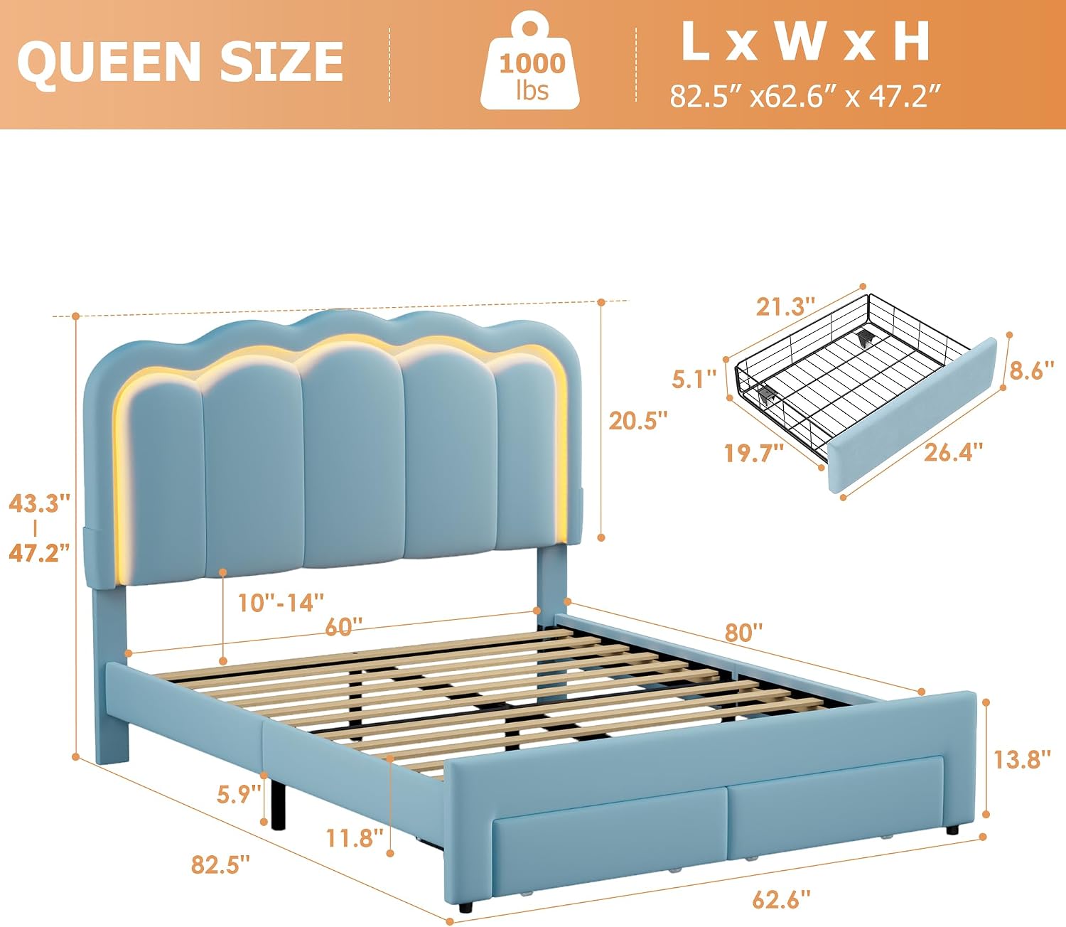Velvet Upholstered Queen LED Bed Frame with 2 Storage Drawers and Adjustable Chic Double Wavy Headboard, Princess Platform Bed with Charing Station, Solid Wood Slats Support,No Box Spring Needed,Blue