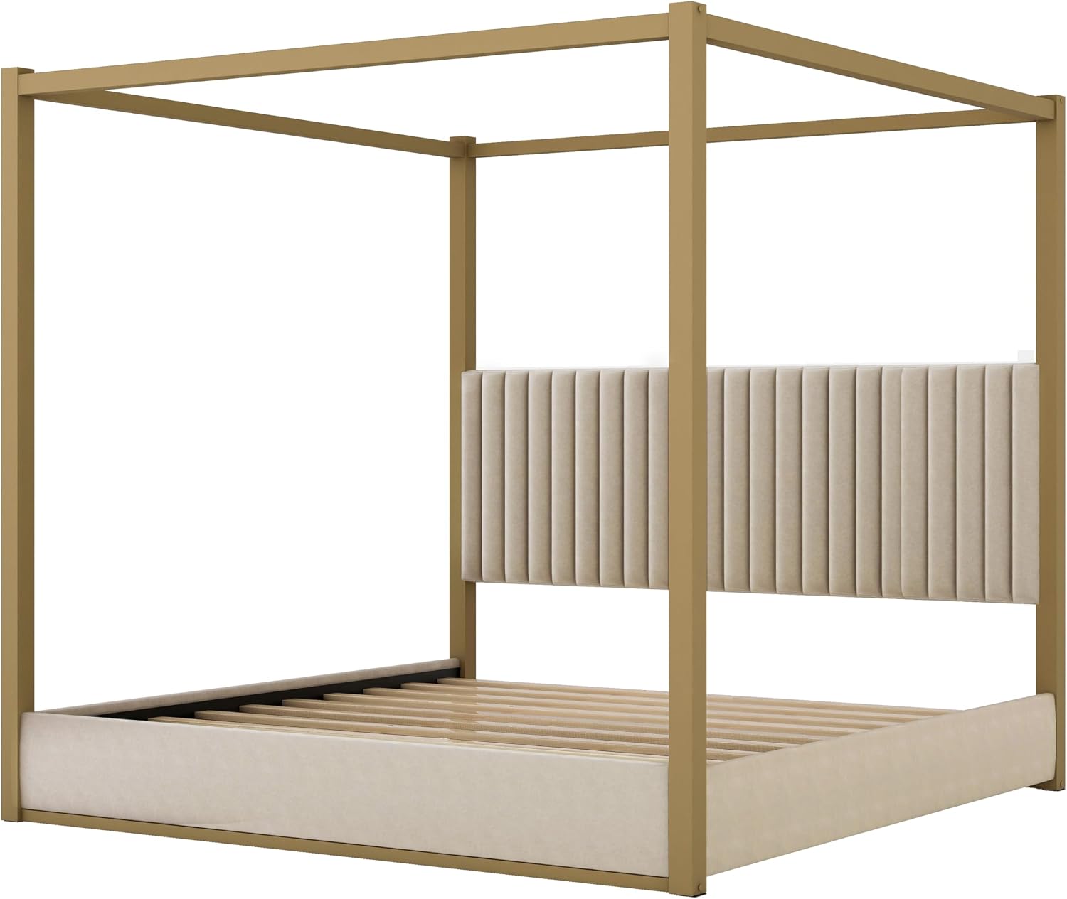 King Size Canopy Bed with Upholstered Headboard, 4-Poster Bed Frame with Metal Frame for Bedroom (Beige, King)