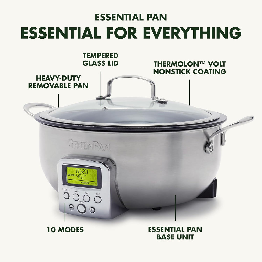 GreenPan Elite 6QT Electric Skillet, Sear Saute Stir-Fry Cook Rice, Healthy Ceramic Nonstick, Dishwasher Safe Parts, Easy-to-use LED Display, PFOA and PFA Free, Smart Pot, Stainless Steel