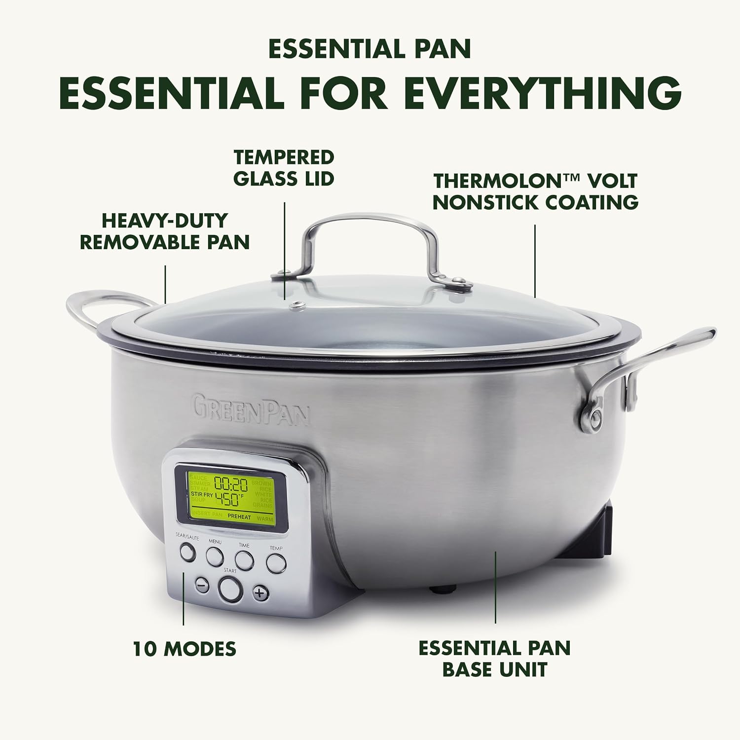 GreenPan Elite 6QT Electric Skillet, Sear Saute Stir-Fry Cook Rice, Healthy Ceramic Nonstick, Dishwasher Safe Parts, Easy-to-use LED Display, PFOA and PFA Free, Smart Pot, Stainless Steel