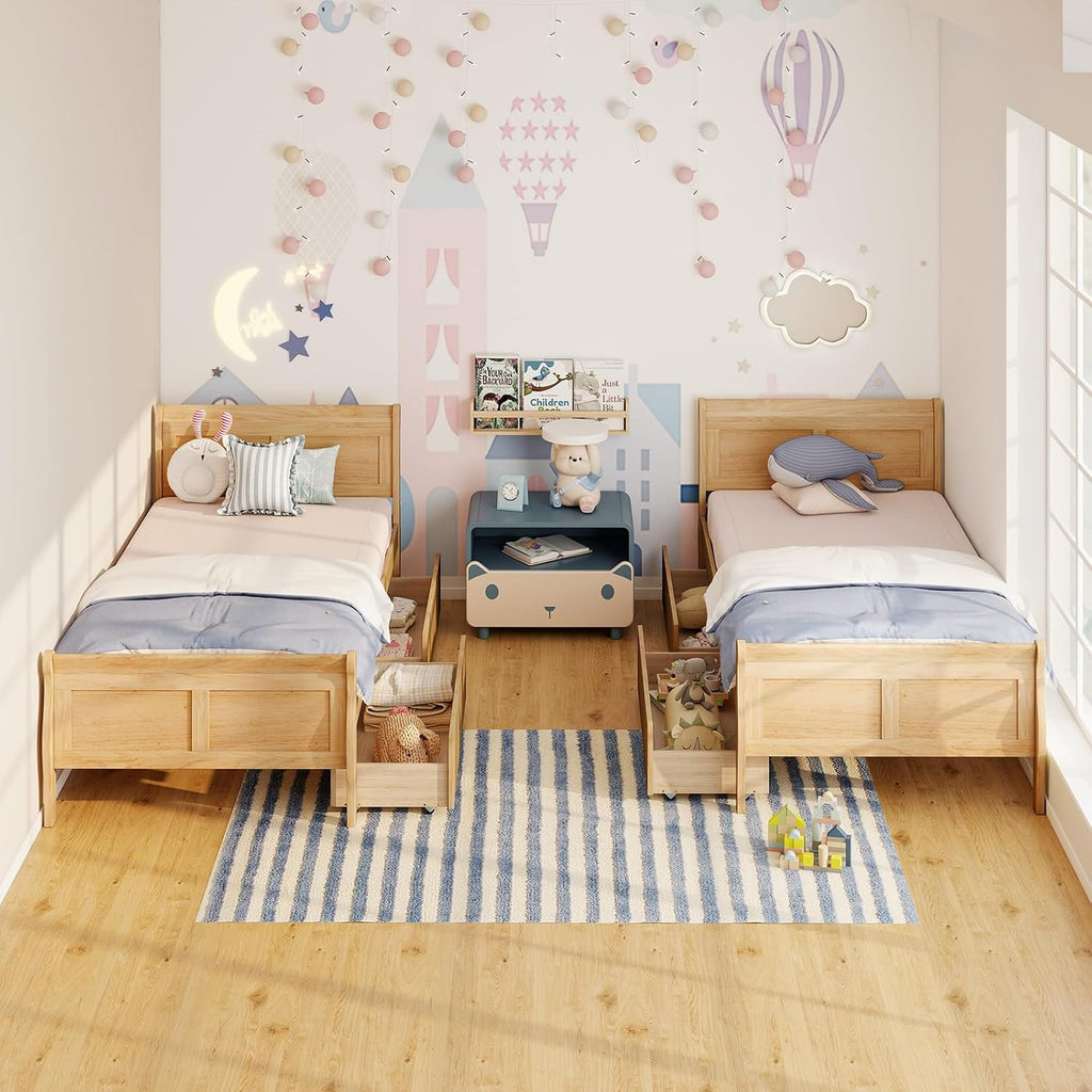 KOMFOTT 2 Twin Bed with 2 Drawers, Twin Storage Bed with Headboard for Bedroom, Sleigh Wood Bed Frame with Wooden Slats Support for Kids, Teens, Adults, No Box Spring Needed (Natural)