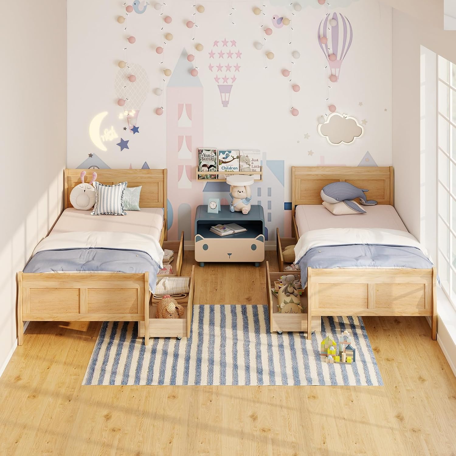 KOMFOTT 2 Twin Bed with 2 Drawers, Twin Storage Bed with Headboard for Bedroom, Sleigh Wood Bed Frame with Wooden Slats Support for Kids, Teens, Adults, No Box Spring Needed (Natural)