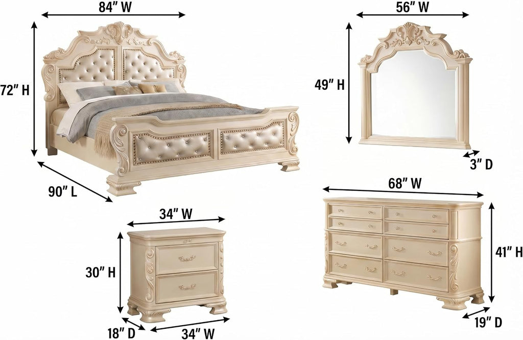 First of a Kind Victoria Off White Traditional 4 Piece King Bedroom Set with Upholstered Tufted Headboard Elegant European Inspired Design Coordinated Furniture Collection