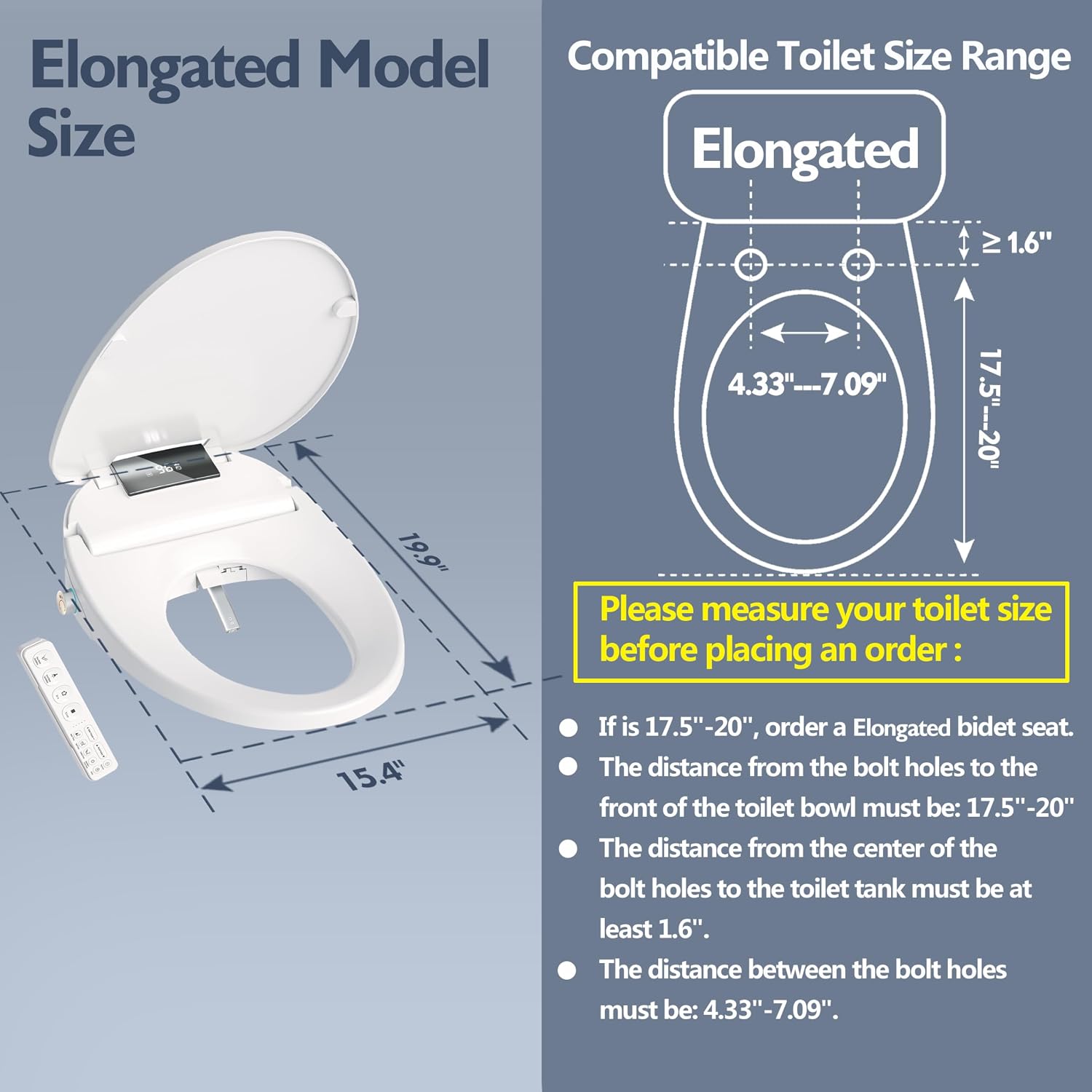 WLJBIDET Electric Heated Bidet Toilet Seat with Remote Control, Adjustable Warm Water & Pressure, Air Drying, Self-Cleaning Nozzle, Oscillating Cleaning, Display Screen, Slow Closed Lid - Elongated