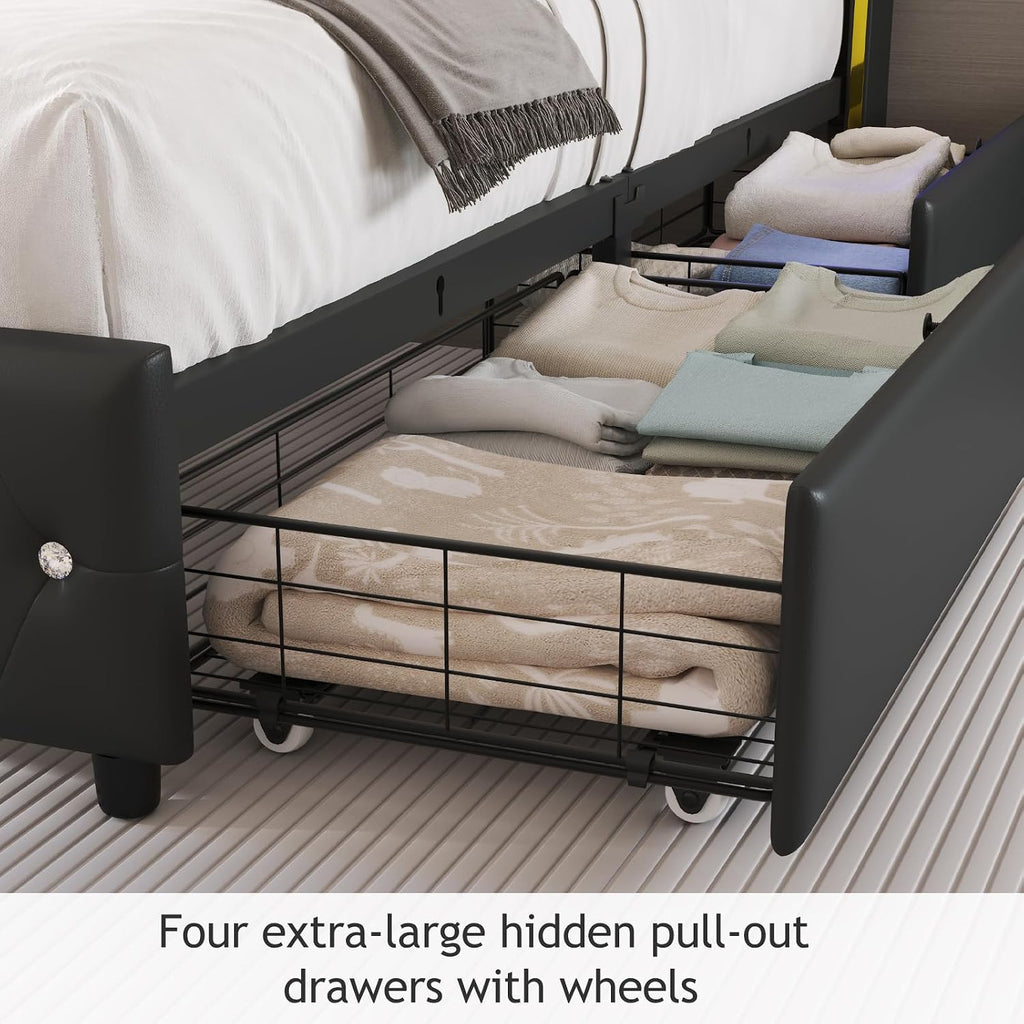 E-Motie Queen Bed Frame with Wingback Headboard, Upholstered Platform Bed with RGB LED Lights, Charging Station, 4 Storage Drawers & Metal Slat Support, No Box Spring Needed, Black