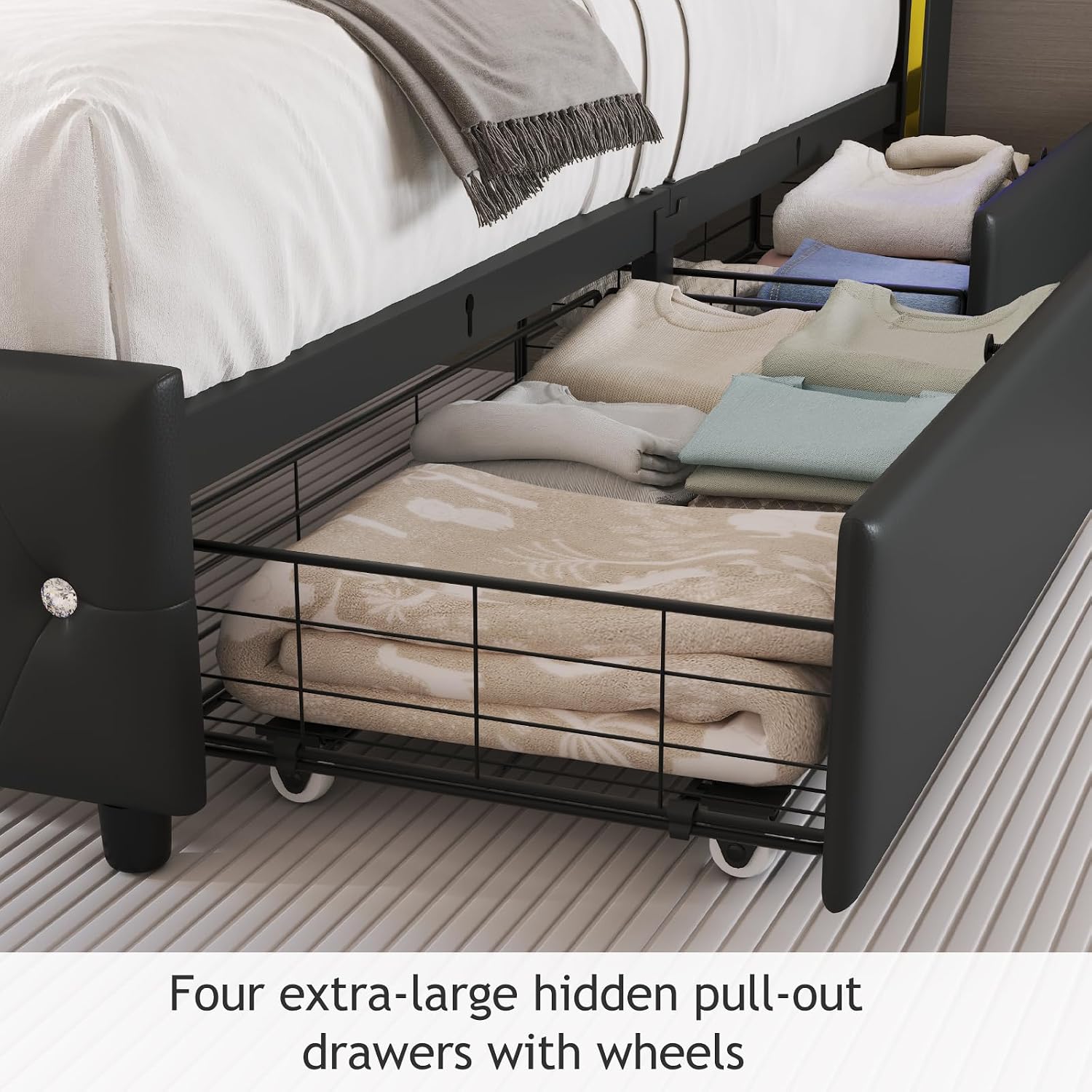 E-Motie Queen Bed Frame with Wingback Headboard, Upholstered Platform Bed with RGB LED Lights, Charging Station, 4 Storage Drawers & Metal Slat Support, No Box Spring Needed, Black