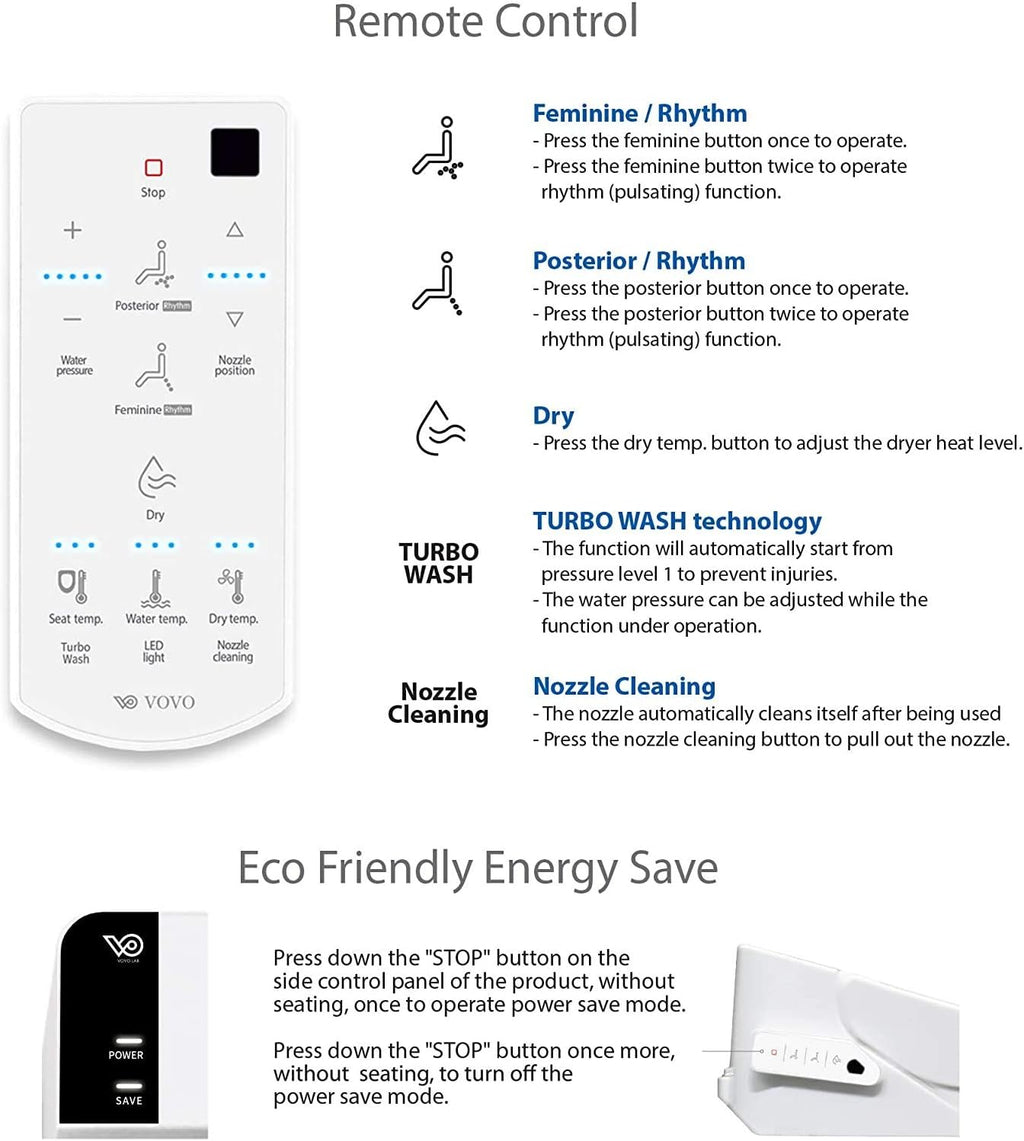 VOVO VB-6100SR Round Bidet Toilet Seat, Warm Water, LED Light, Heated Seat, White, Dryer, Stainless Steel Nozzle, Made in Korea