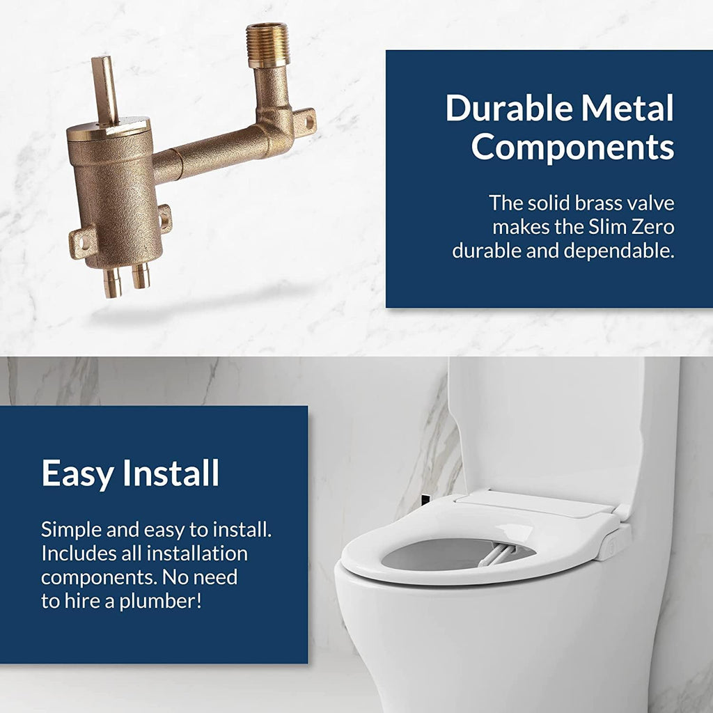 Bio Bidet Slim Zero Non Electric Bidet Toilet Seat Round, Low Profile Seat with Slow Close Lid, Battery Powered Night Light, Dual Nozzles, White