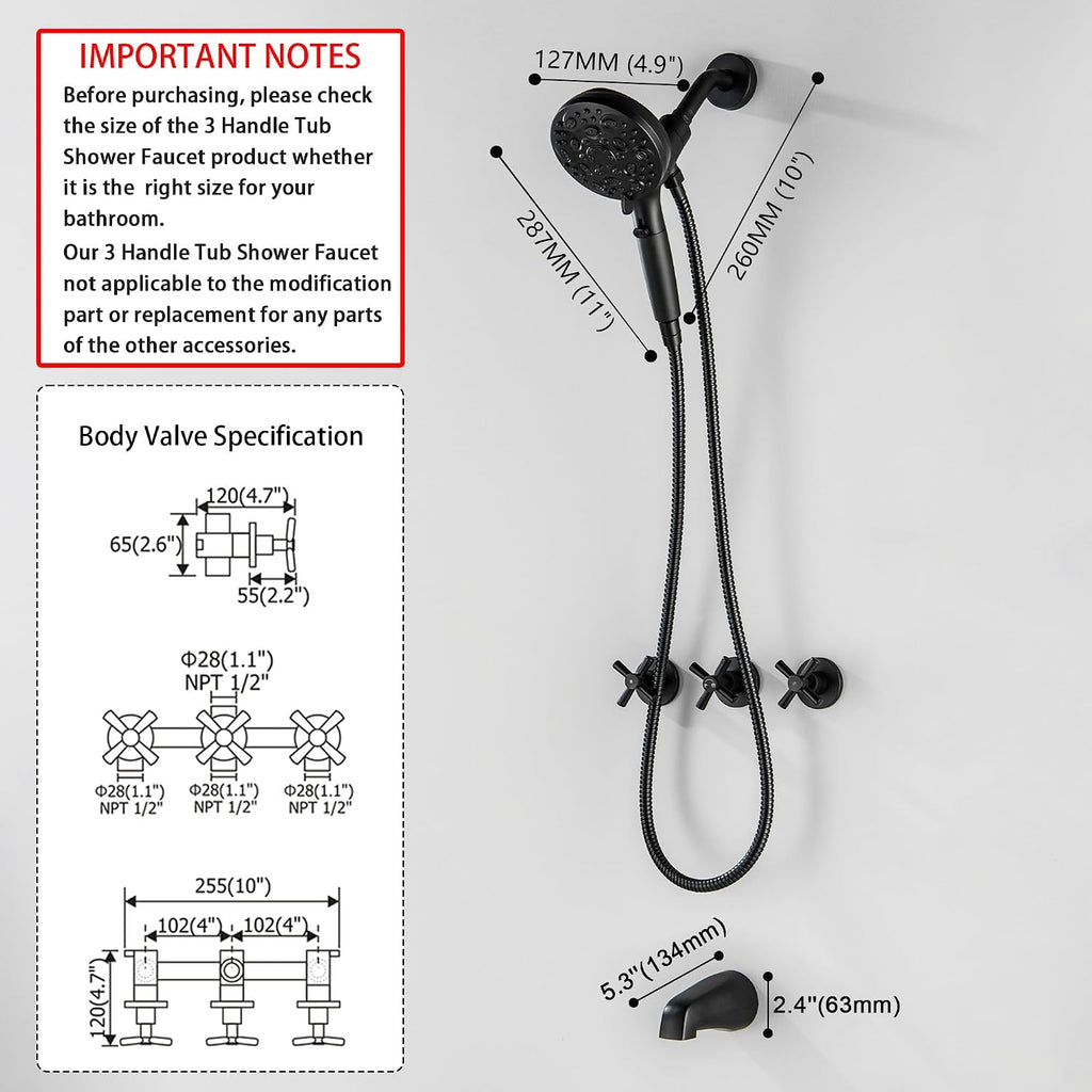 LIWEIKE Matte Black 3 Handle Tub Shower Faucet, 3 Knob Shower Tub Faucet Set with with 10 Setting with Magnetic Handheld Head Three Handle Tub and Shower Faucet Set
