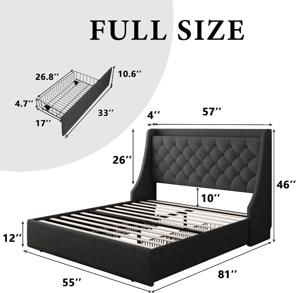 iPormis Full Size Bed Frame with 4 Storage Drawers, Upholstered Platform Bed Frame with Type-C & USB Ports, Wingback Storage Headboard, Solid Wood Slats, No Box Spring Needed, Dark Gray