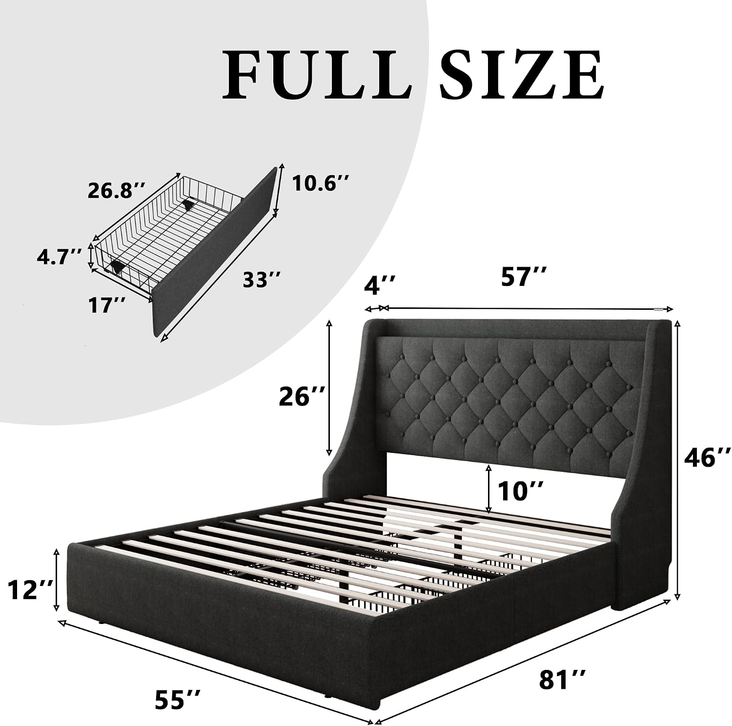 iPormis Full Size Bed Frame with 4 Storage Drawers, Upholstered Platform Bed Frame with Type-C & USB Ports, Wingback Storage Headboard, Solid Wood Slats, No Box Spring Needed, Dark Gray