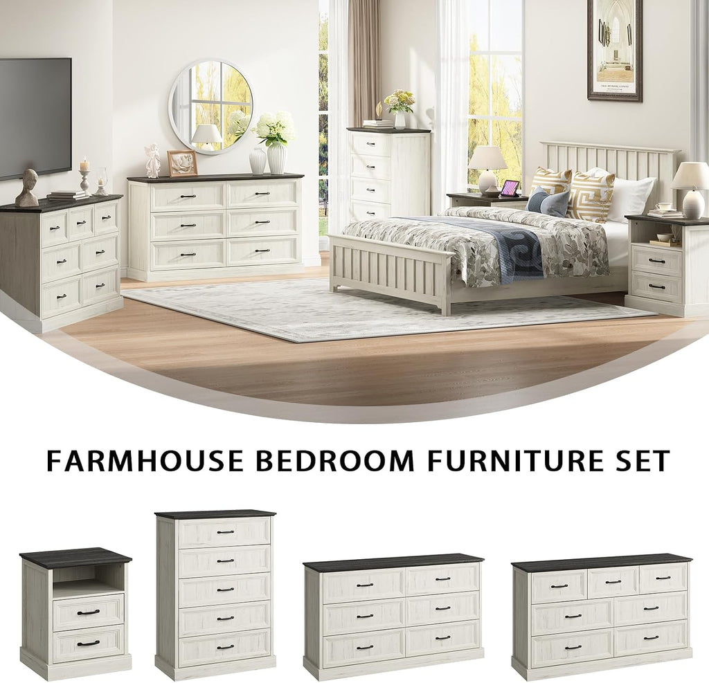 CARPETNAL Farmhouse Dresser and Nightstand Sets for Bedroom, 3 Pcs Bedroom Set, 6 Drawer Dresser & Nightstand Set of 2, Modern Wood Chest of Drawers for Bedroom, Living Room, Entryway, White