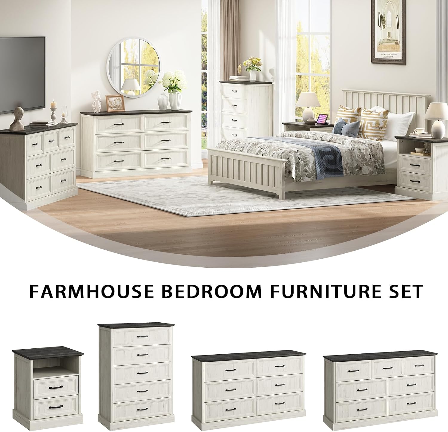 CARPETNAL Farmhouse Dresser and Nightstand Sets for Bedroom, 3 Pcs Bedroom Set, 6 Drawer Dresser & Nightstand Set of 2, Modern Wood Chest of Drawers for Bedroom, Living Room, Entryway, White