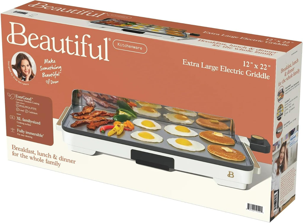 Extra Large Electric Griddle 12x22 Inch, 1500W Nonstick Countertop Griddle with Removable Backsplash and Adjustable Temperature Control for Family Breakfast & Indoor Cooking (White Icing)
