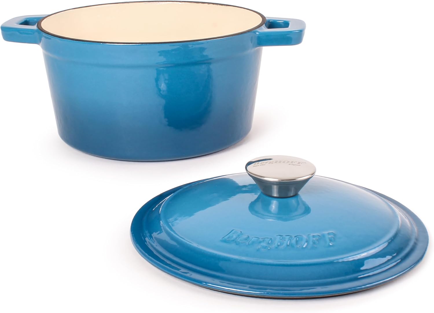 BergHOFF 3Pc Neo Enameled Cast Iron Cookware Set, 3qt. Dutch Oven, Matching Lid, Square Grill Pan 11 Inches, Oven Safe Up To 400°F, Blue