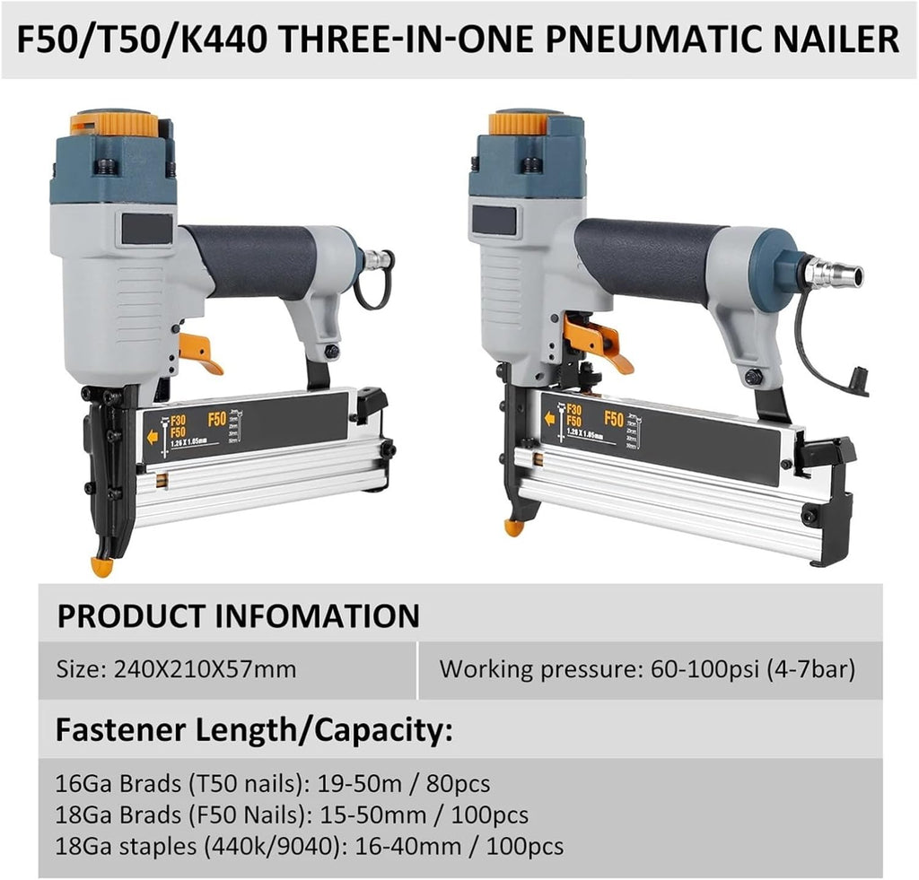 Pneumatic Nailer, Air Nailer Carpenter Pneumatic Nail Tool T50 F50 440K Air Brads Nailer Nail Depth Adjustment Ergonomic And Lightweight,for Carpentry