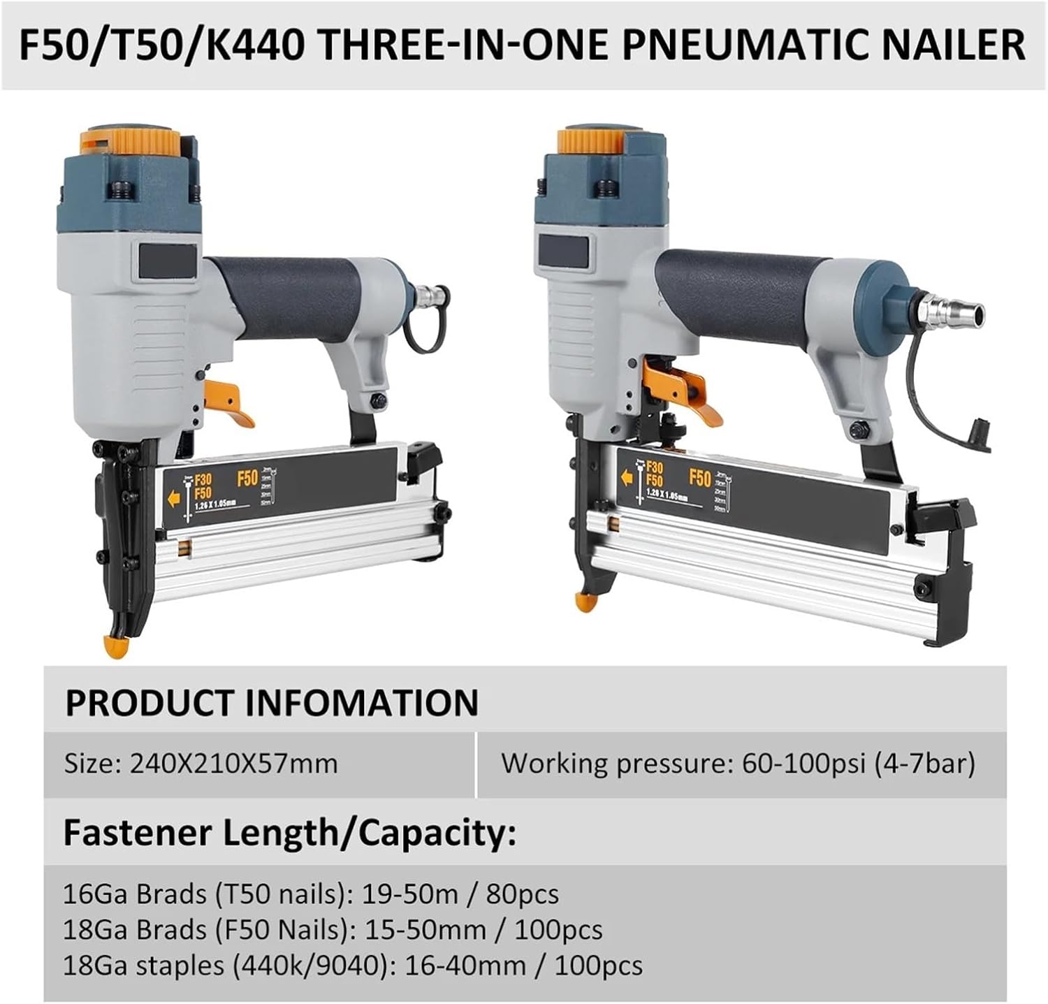 Pneumatic Nailer, Air Nailer Carpenter Pneumatic Nail Tool T50 F50 440K Air Brads Nailer Nail Depth Adjustment Ergonomic And Lightweight,for Carpentry