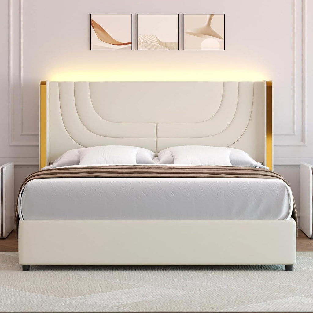 REVOMINCA Full Size Bed Frame with LED Lights, Faux Leather Upholstered Platform with Silver Wingback Headboard, Modern Style, No Box Spring Needed, Easy Assembly, Cream