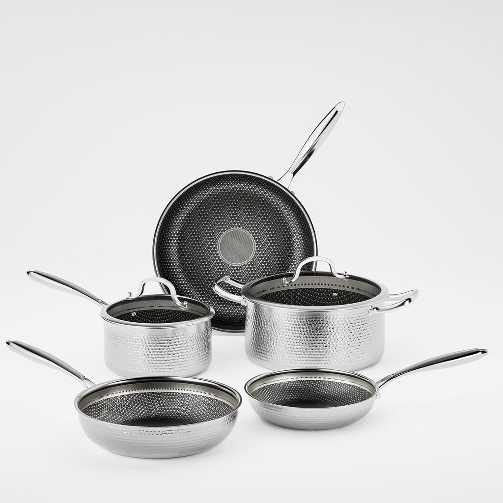 Stainless Steel Nonstick Pots and Pans Set (7 Pcs), PFOA Free, Induction Compatible, Fast & Even Heat, Dishwasher & Oven Safe (500F), 8/10/12' Fry Pans, Saucepan, Stock Pot for Home Cooking