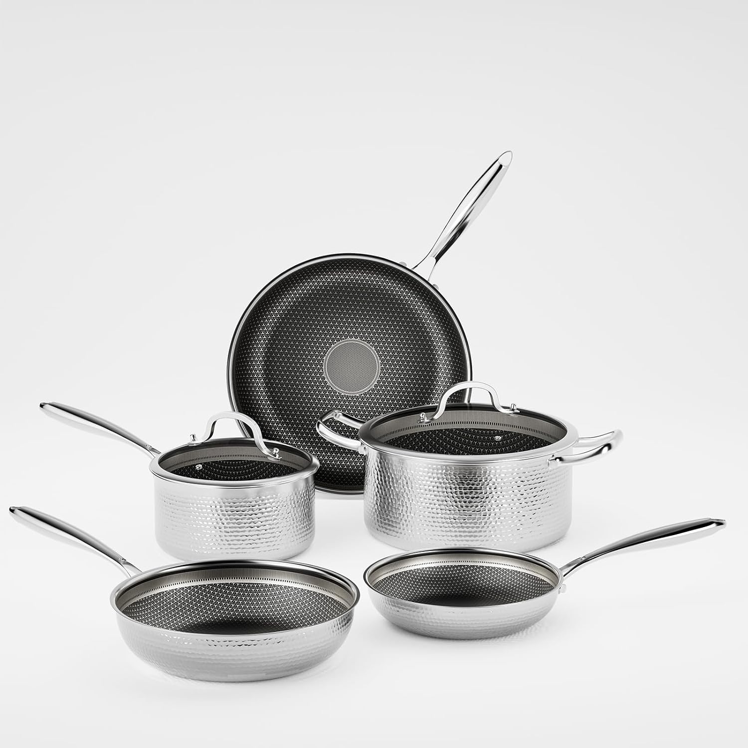 Stainless Steel Nonstick Pots and Pans Set (7 Pcs), PFOA Free, Induction Compatible, Fast & Even Heat, Dishwasher & Oven Safe (500F), 8/10/12' Fry Pans, Saucepan, Stock Pot for Home Cooking