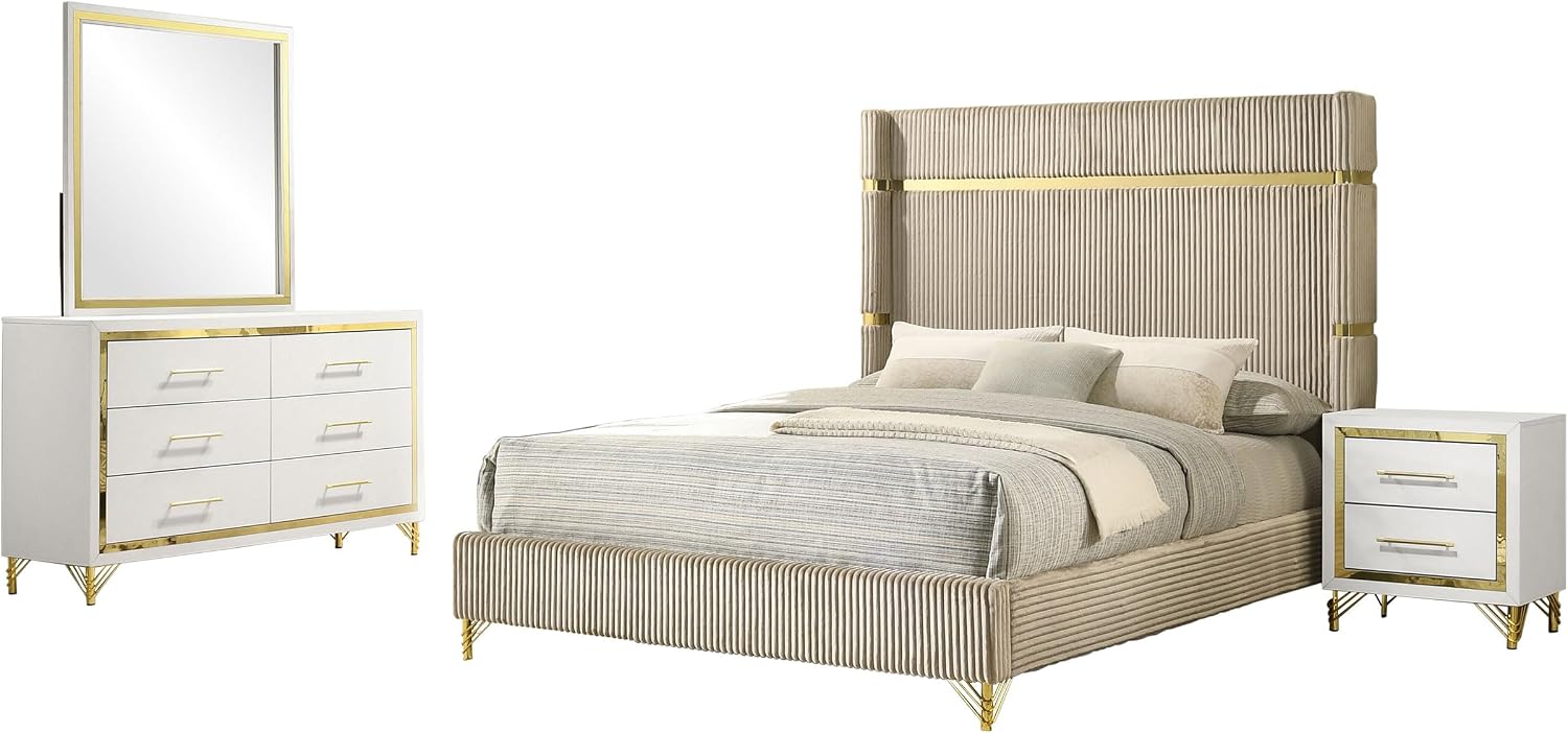 Coaster Home Furnishings - Lucia - 4-Piece Bedroom Set with Upholstered Bed and Gold Finish Trim Accent - Modern Classic - Bedroom - Beige & White - 224731Q-S4
