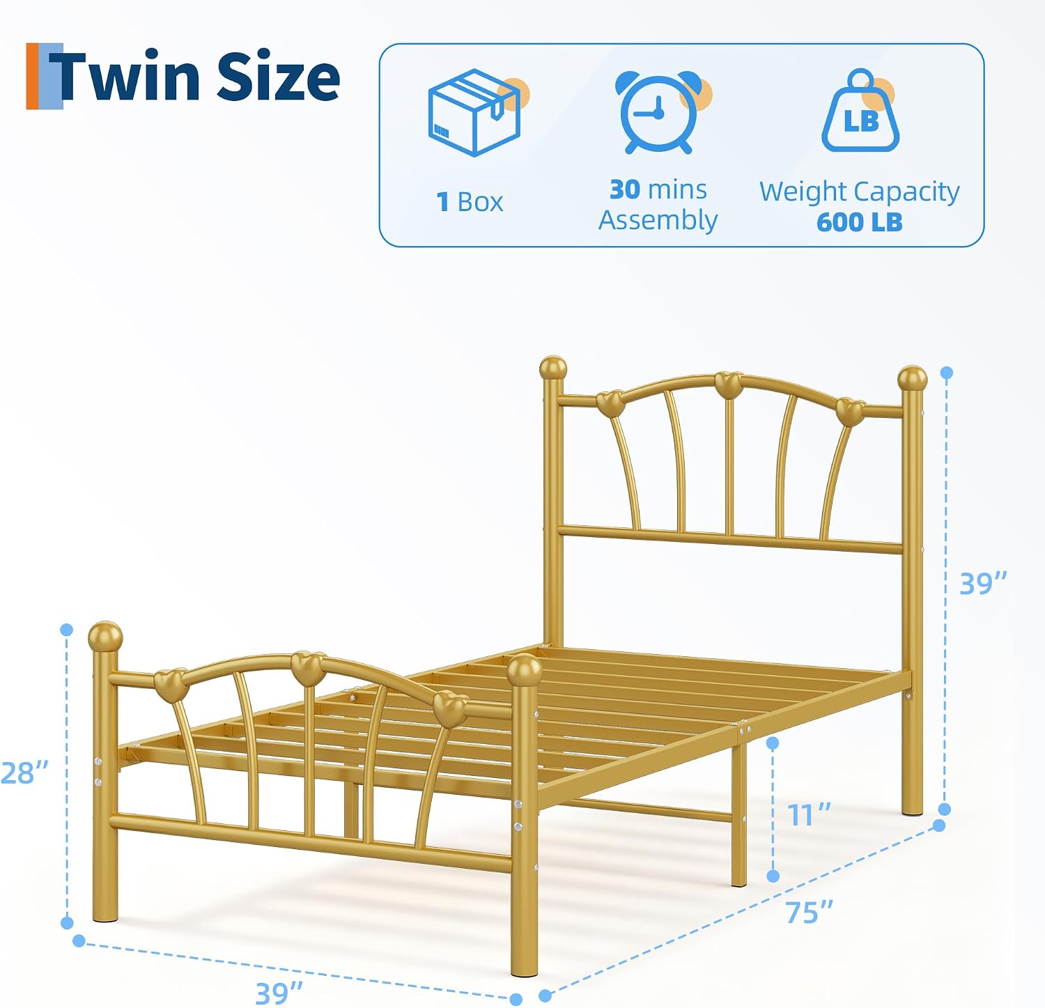 GarveeHome Twin Size Bed Frame, Heart Shaped Metal Bed Frame with Headboard and Footboard, Platform Bed Frame with Sturdy Slat Support, Underbed Storage Space, No Box Spring Needed, Gold