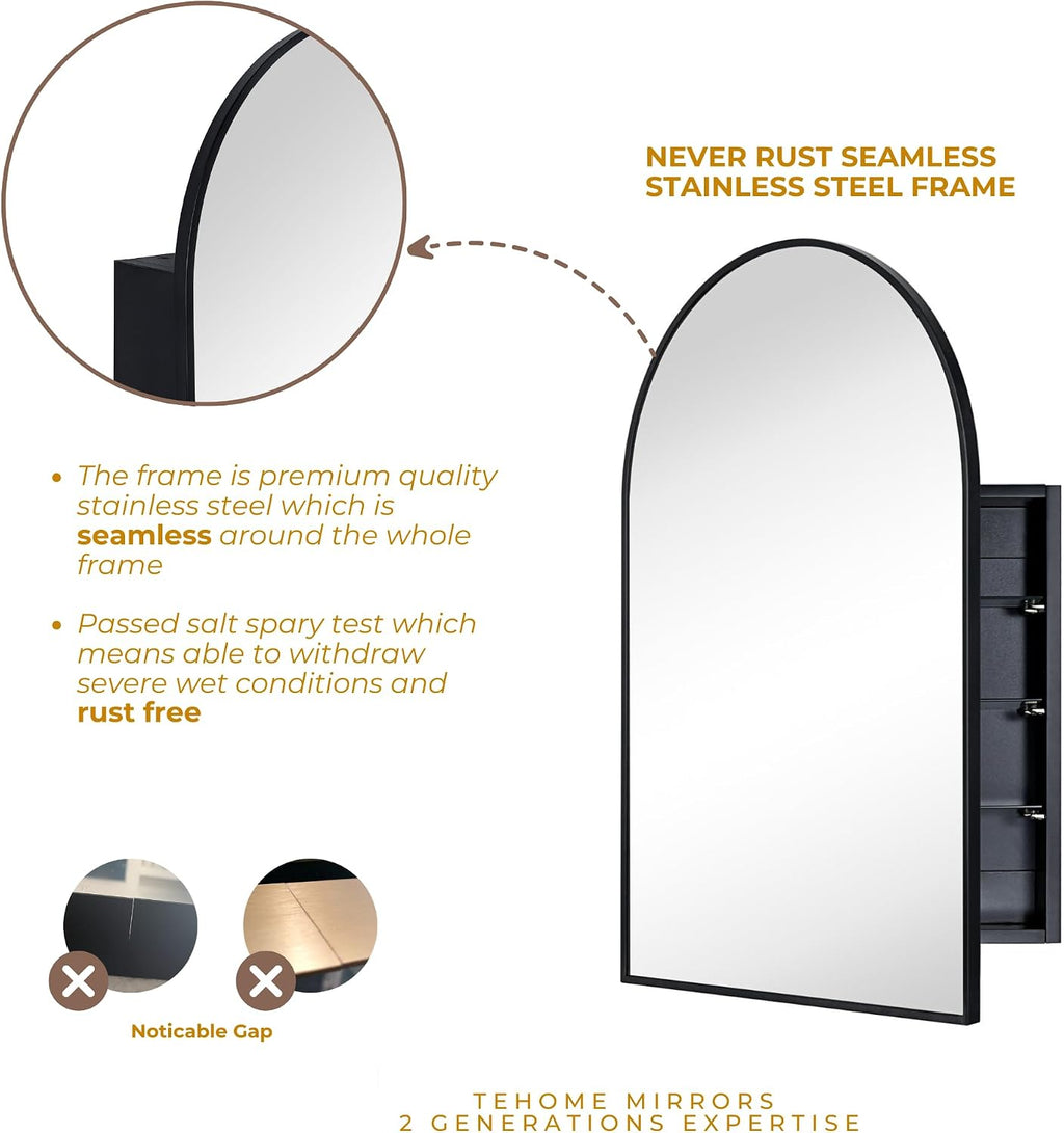 TEHOME 24 x 36'' Black Arch Bathroom Medicine Cabinet with Mirror Recessed and Surface Mounted Medicine Cabinet Mirror