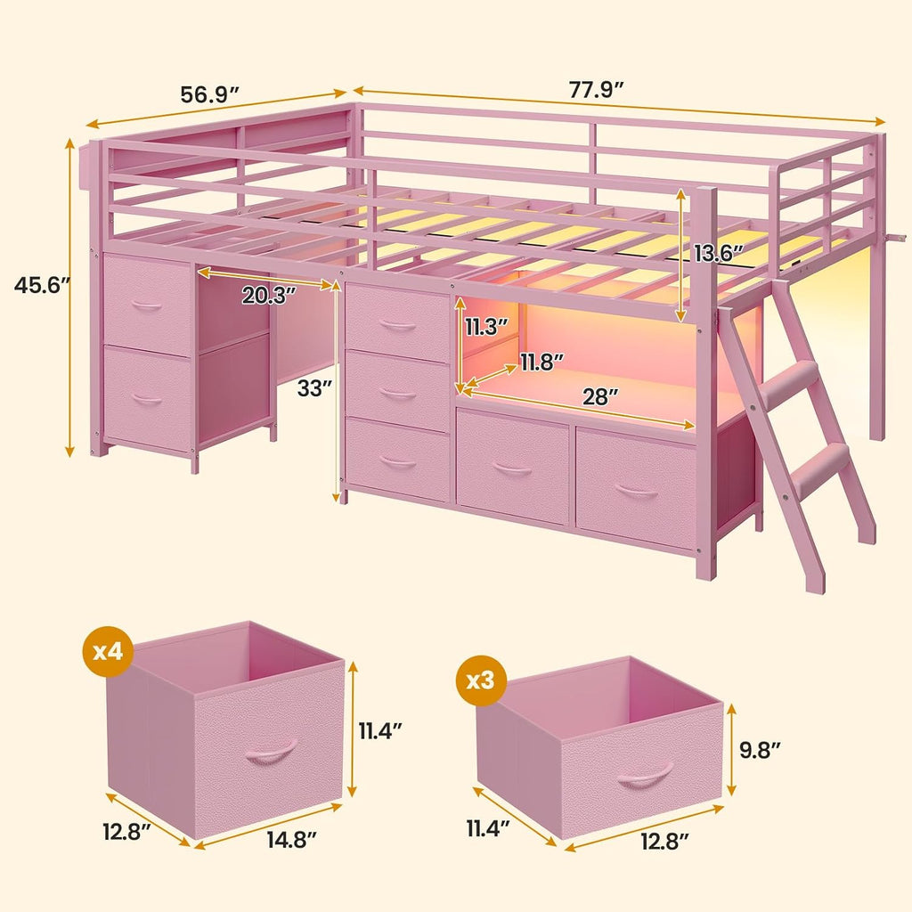 ADORNEVE Low Loft Bed Full Size with 7 Storage Drawers, Bookcase and LED Lights, Metal Kids Loft Bed with 14' H Safety Guardrail,Inclined Ladder and Play Curtain, Under-Bed Play Space, Pink