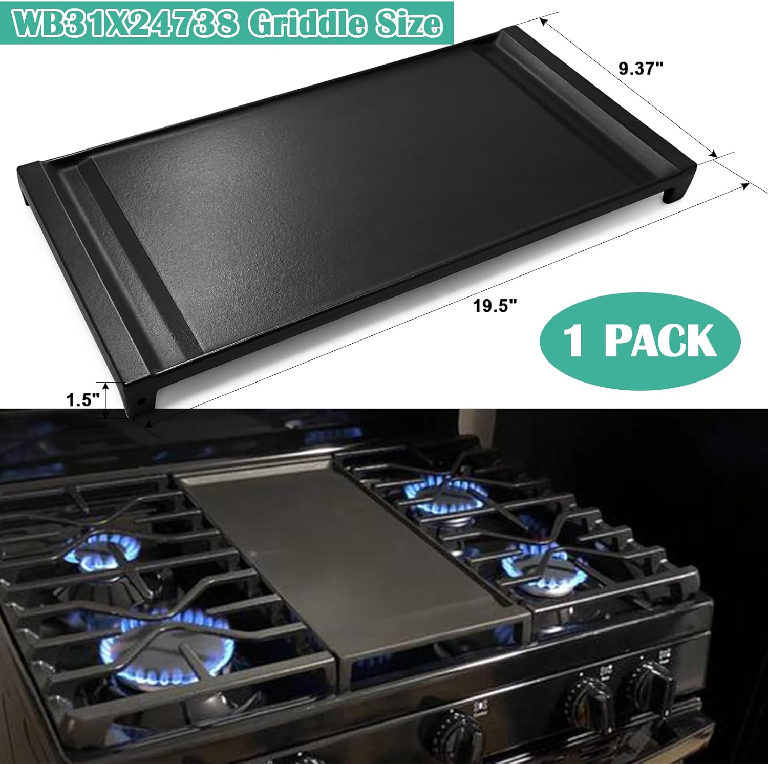 WB31X24738 Cast Iron Griddle & WB31X27151 Stove Grates Replacement for GE Gas Stove JGBS66REKSS, JGB700SEJ4SS, JGSS66SEL1SS, JGSS66SEL3SS, Griddle Plate Side Burner Grate Cooktop for GE Range Parts.