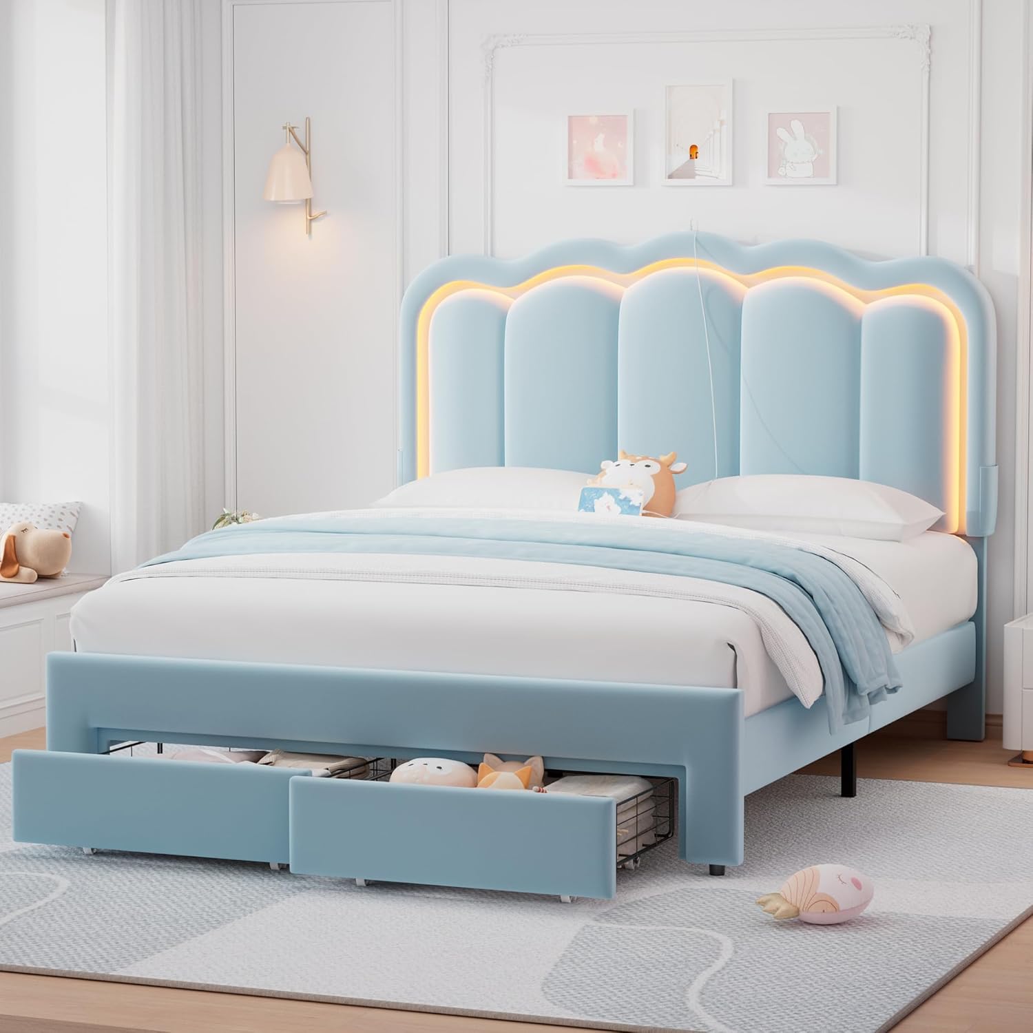 Velvet Upholstered Queen LED Bed Frame with 2 Storage Drawers and Adjustable Chic Double Wavy Headboard, Princess Platform Bed with Charing Station, Solid Wood Slats Support,No Box Spring Needed,Blue