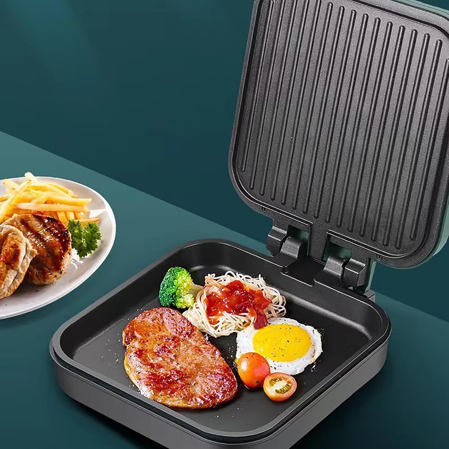 Electric Skillet, Electric Pancake Maker, Double Side Grill Pan, Indoor Smokeless Grill, 180° Folding, Non-stick Coating(Green)
