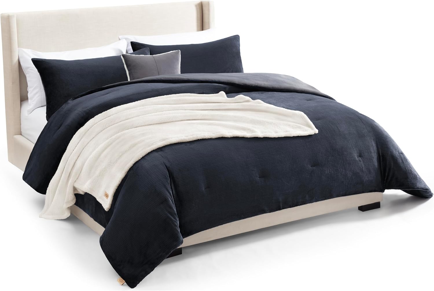 UGG Remina Comforter Set 5 Piece Bed in a Bag with Throw Blanket, Decorative Pillow, Shams, and Reversible Comforter Hypoallergenic Washable Luxury Plush Warm Plush Fluffy Bedding Set, King, Navy Blue