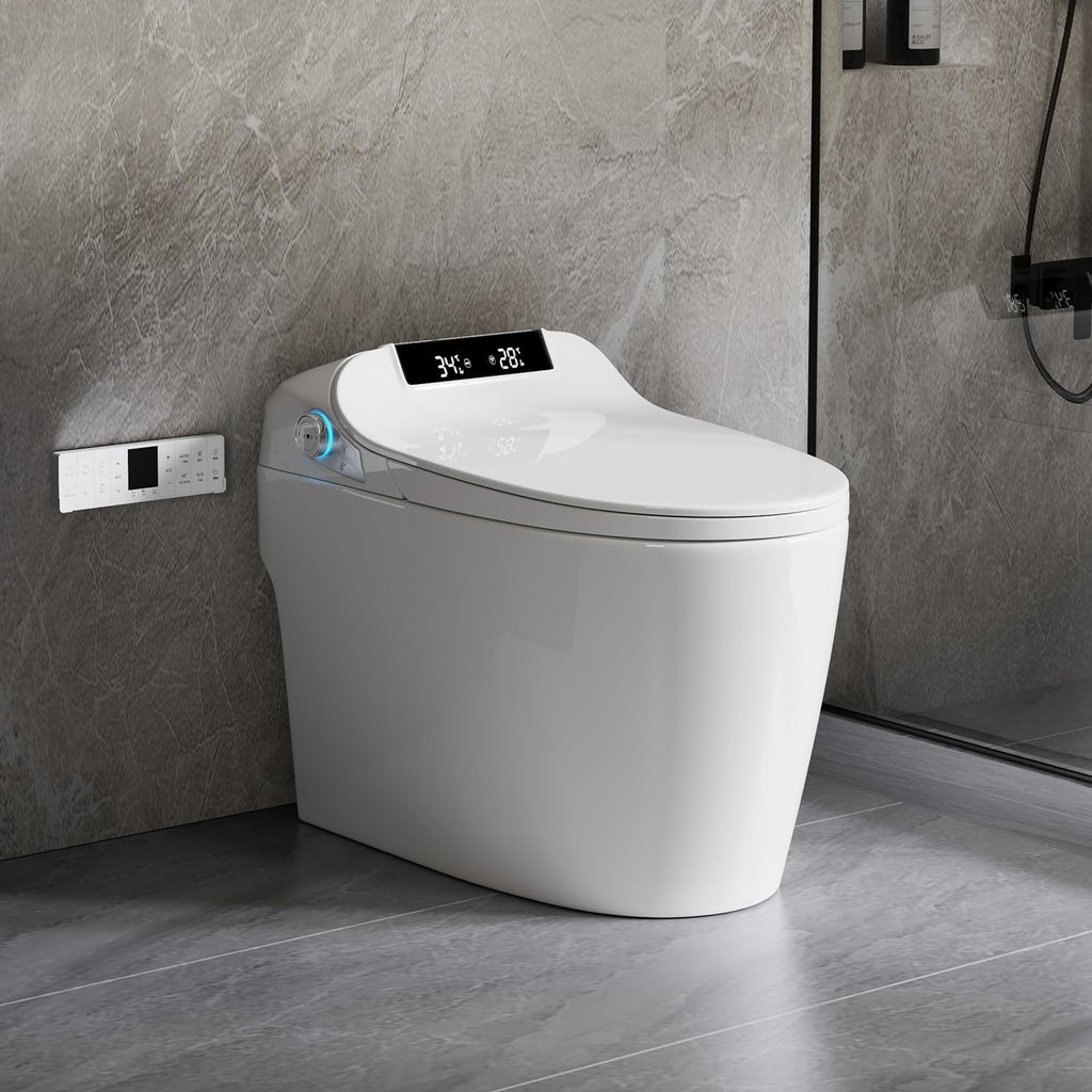 Smart Toilet Bidet with Foot Sensor Open Cover,Seat, Self Cleaning Nozzle, LED Display, Three Level Heated Seat,Airflow, Night Light, Knob Control, Soft Close, Auto Flush, with Remote Control
