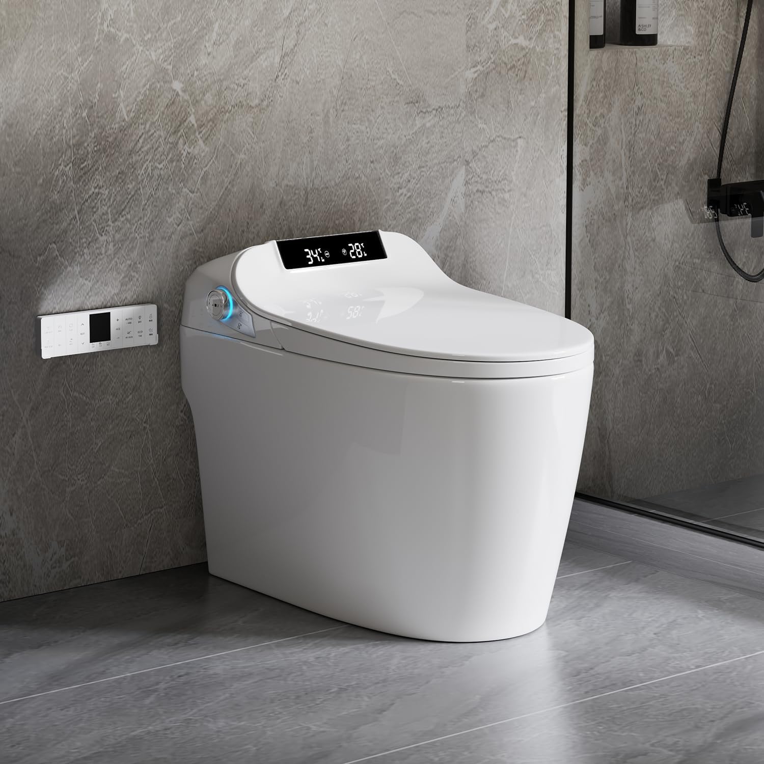 Smart Toilet Bidet with Foot Sensor Open Cover,Seat, Self Cleaning Nozzle, LED Display, Three Level Heated Seat,Airflow, Night Light, Knob Control, Soft Close, Auto Flush, with Remote Control