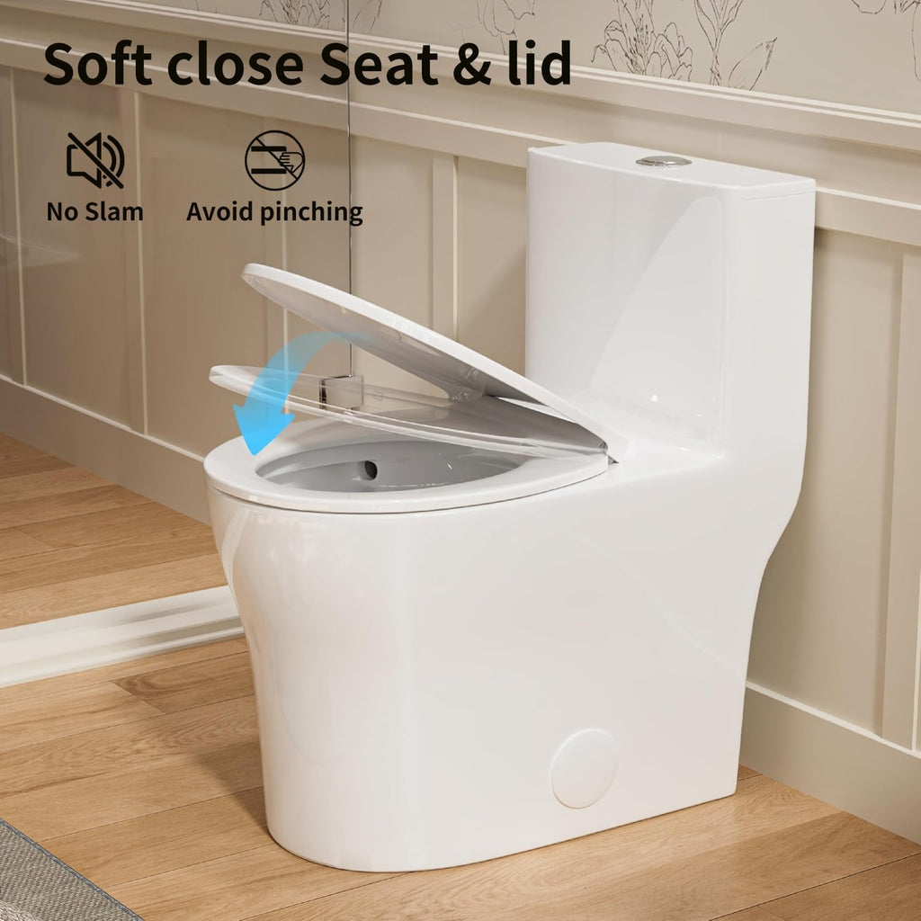 Casta Diva Compact One Piece Toilet for Small Bathroom, Round Modern Skirted Toilet with Soft Close Seat, Space Saving, 12'' Rough-in, High Efficiency Dual Flush and MAP 1000g, White