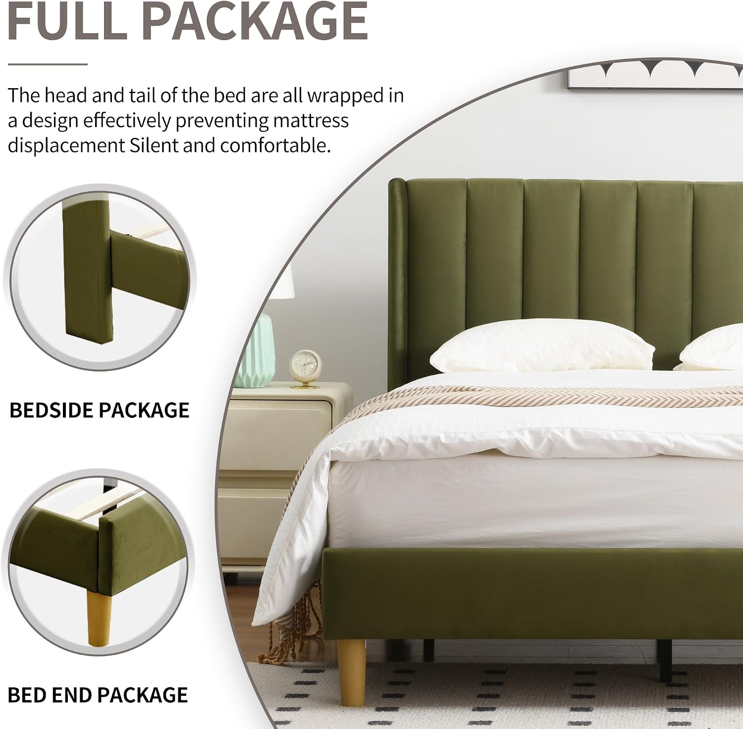 YUHUASHI upholstered Platform Bed Frame/Queen Bed Frame/Modern Geometric Double-Wing Design headboard/Velvet Fabric/Easy to Assemble no Noise (Grass Green, Queen (U.S. Standard))