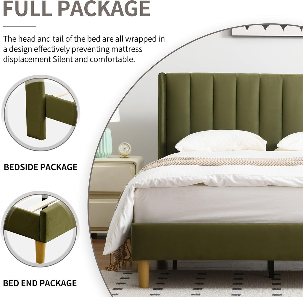 YUHUASHI upholstered Platform Bed Frame/Twin Bed Frame/Modern Geometric Double-Wing Design headboard/Velvet Fabric/Easy to Assemble no Noise (Grass Green, Twin)
