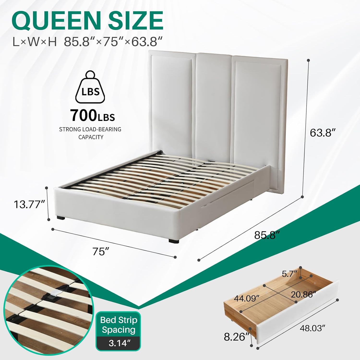 YUHUASHI Queen Size Bed Frame with 64-inch High Headboard, Simple and Airy Linen Upholstered Platform Bed with Storage Drawers, Wood Slat, No Noise (White, Queen (U.S. Standard))