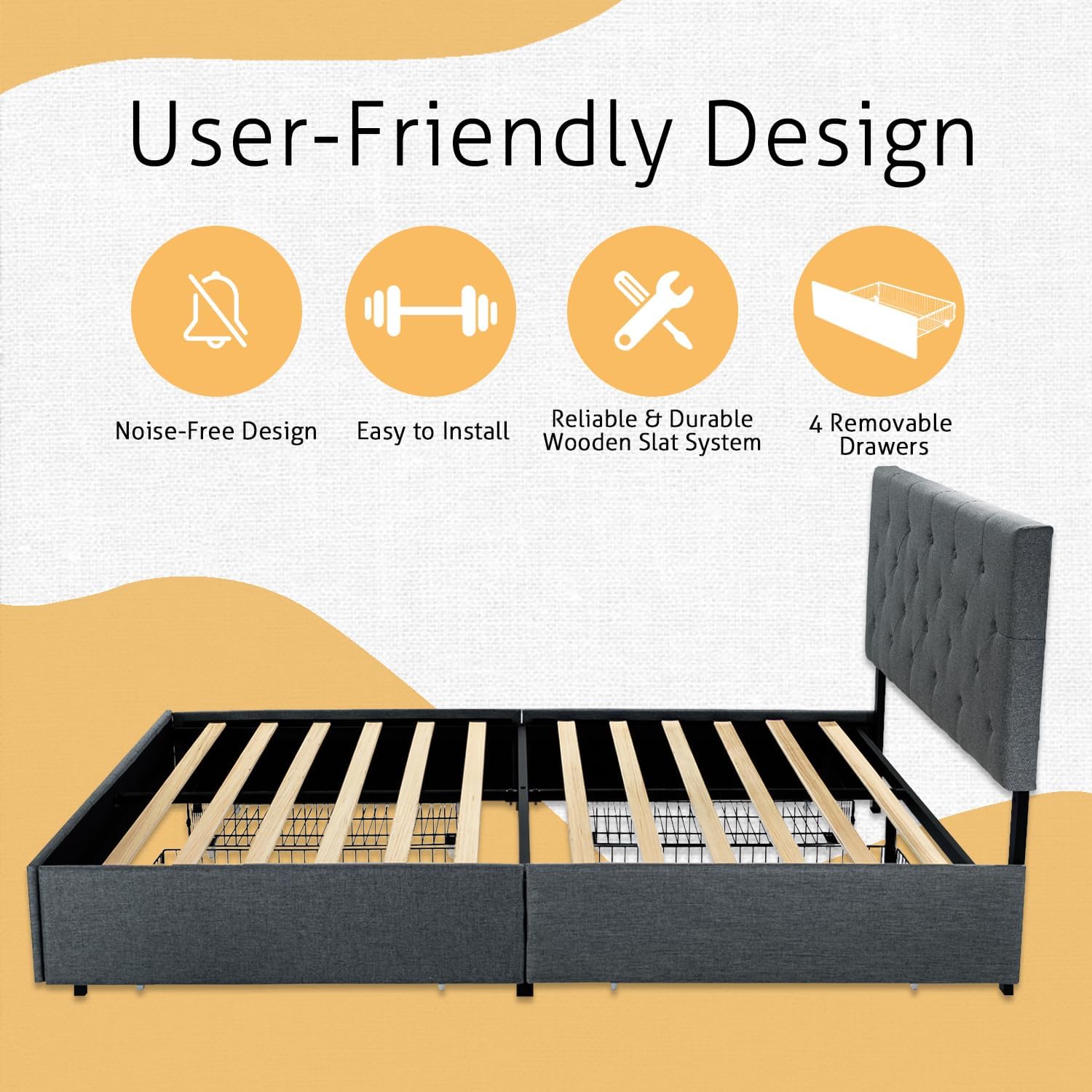 SHA CERLIN Upholstered King Size Platform Bed Frame with 4 Storage Drawers, Adjustable Headboard with Diamond Stitched Button Tufted Design, Wooden Slat Support, No Box Spring Needed, Dark Grey