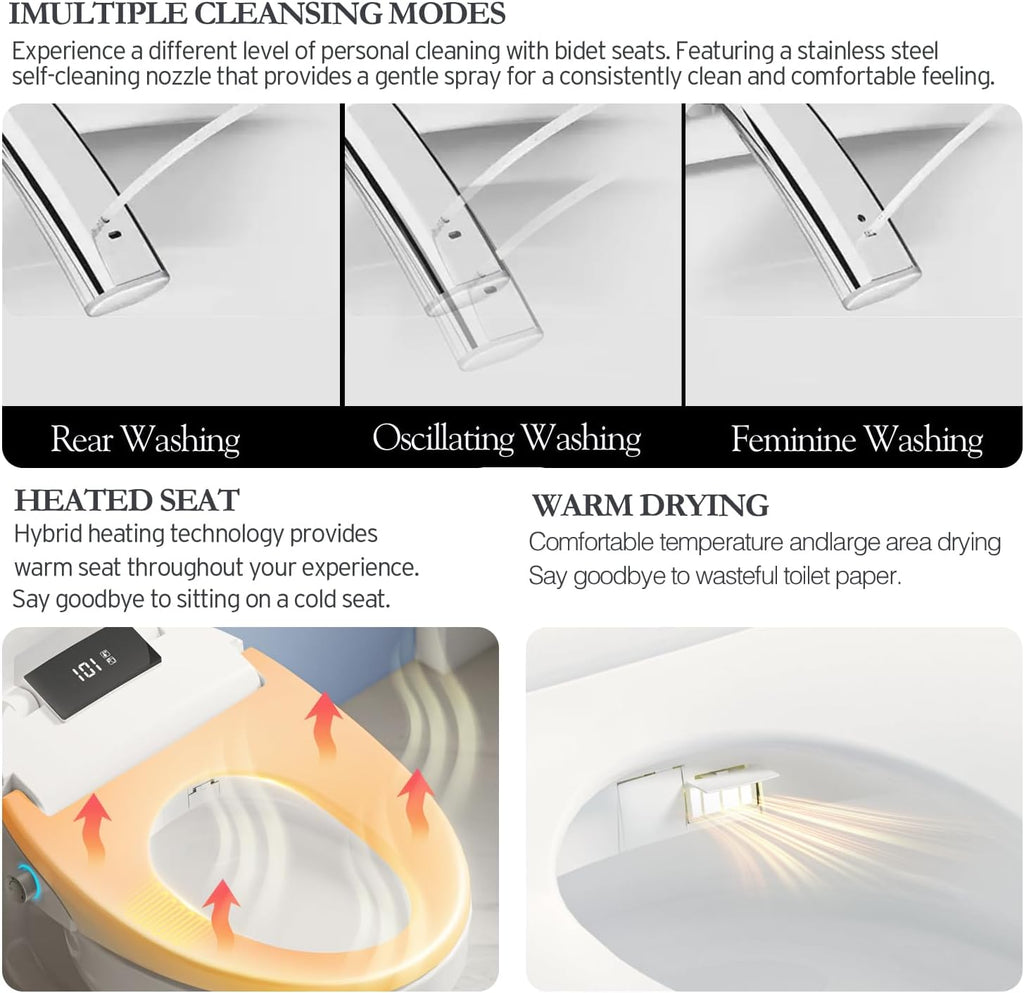 XCQQ Electric Bidet Toilet Seat with Remote Control, Heated Bidet Seat, Warm Water Wash, Warm Air Drying, Rear & Front Wash, Self-Cleaning Nozzle, Night Light, LED Display Requires Outlet - Elongated