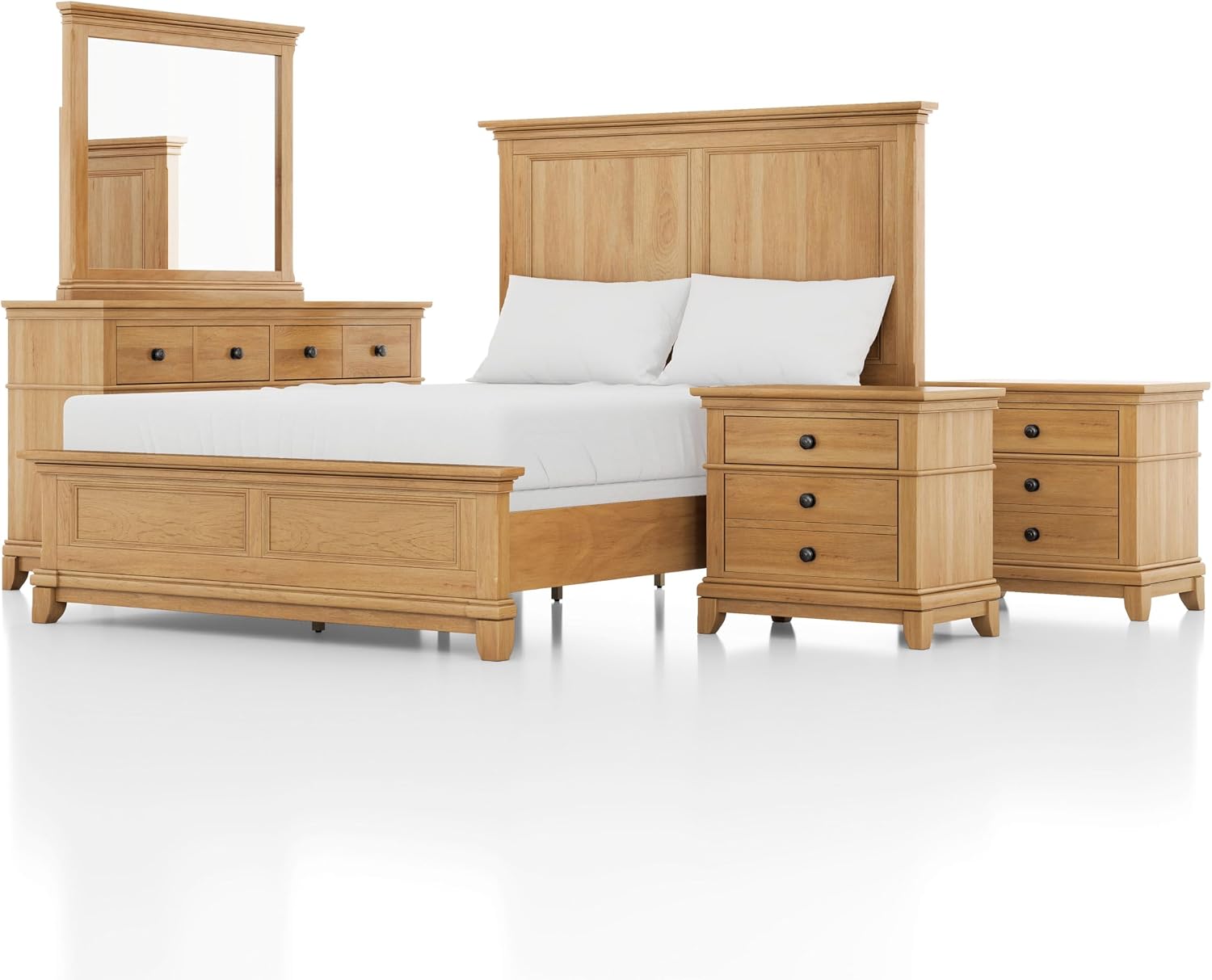 Furniture of America Yardley Farmhouse Solid Wood 5-Piece Bedroom Set with Platform Bed, Felt-Lined Top Drawers on Nightstands and Dresser with Mirror, Box Spring Needed, King, Natural Oak