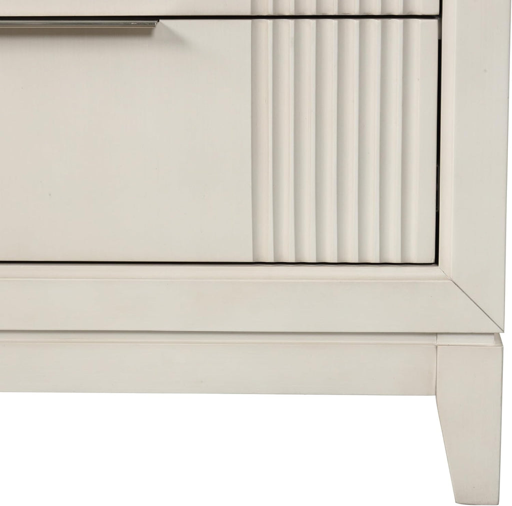 Furniture of America Oberlin Modern Solid Wood 6-Piece Bedroom Set with LED on Padded Fabric Headboard, Vertical Channel Tufting, Chrome Finger Pulls, Box Spring Needed, King, Antique White