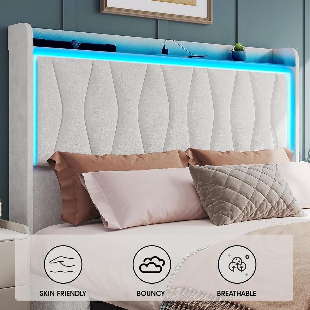 Fameill Full Size Bed Frame with LED Light and 3 Drawers Storage, Upholstered Velvet Platform Bed Frame with Charging Station, Wingback Tall Headboard, No Box Spring Needed, Beige