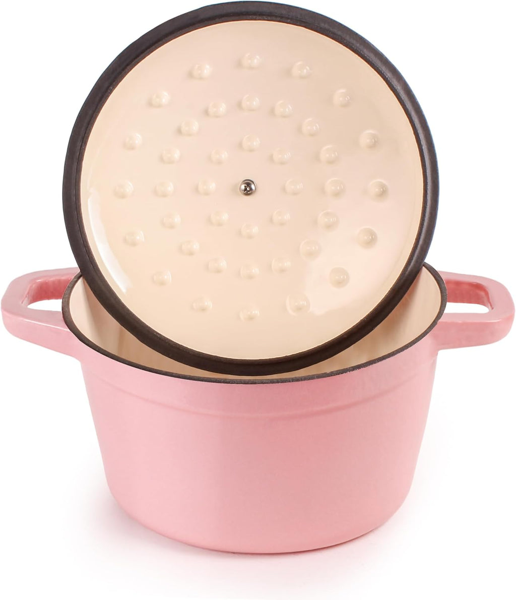 BergHOFF 3Pc Neo Enameled Cast Iron Cookware Set, 3qt. Dutch Oven, Matching Lid, Square Grill Pan 11 Inches, Oven Safe Up To 400°F, Pink