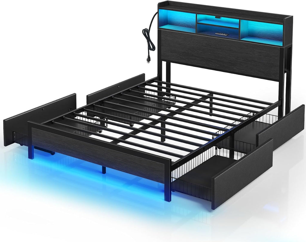 Rolanstar Queen Bed Frame with Storage,4-Drawer Platform Bed with USB Charging Station,Built in LED Lights and Bookcase Headboard,No Box Spring Needed,Easy Assembly,Noise-Free,Black