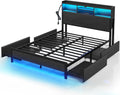 Rolanstar Queen Bed Frame with Storage,4-Drawer Platform Bed with USB Charging Station,Built in LED Lights and Bookcase Headboard,No Box Spring Needed,Easy Assembly,Noise-Free,Black