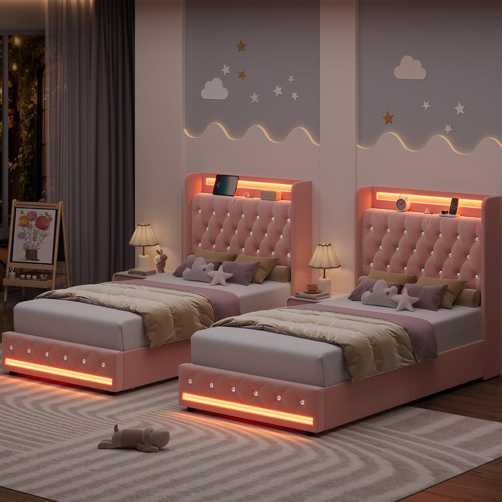HIFIT Upholstered Twin LED Bed Frame with Charging Station Headboard & 2 Storage Drawers, Velvet Crystal Button-Tufted Princess Twin Size Platform Bed Frames for Kids/Girls, No Box Spring Needed, Pink