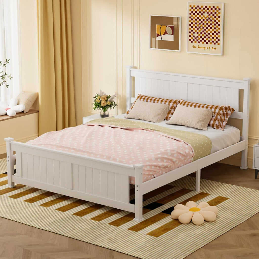 VINGLI Queen Bed Frame with Headboard Wood Platform Panel Bed,Heavy Duty Bed Slat No Box Spring Needed, White