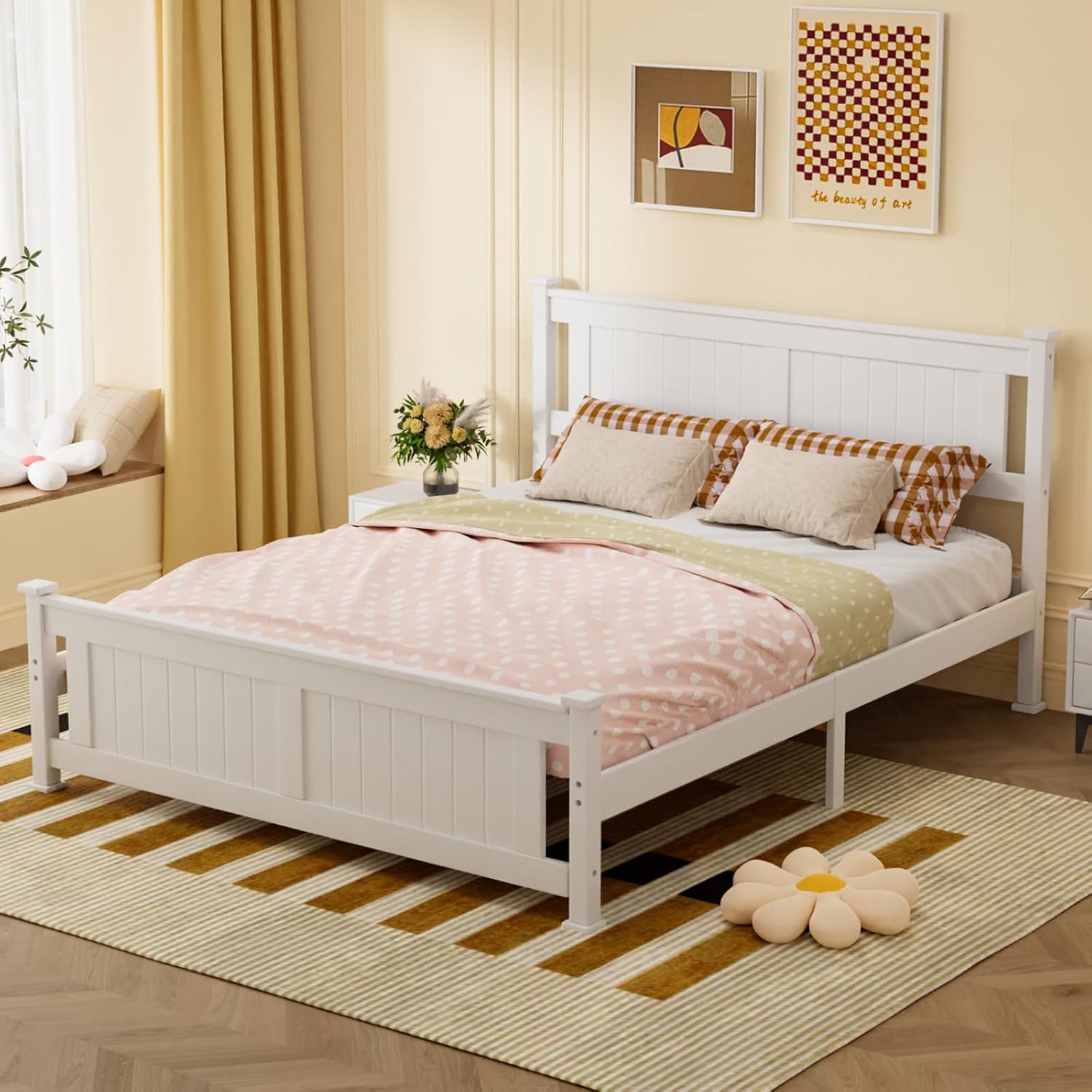 VINGLI Queen Bed Frame with Headboard Wood Platform Panel Bed,Heavy Duty Bed Slat No Box Spring Needed, White